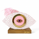 Handmade pink oval wooden gouri Merry & Pink with tulle, glitter dots, gold mirror 2026 motif and feather – So Cute by Dimi