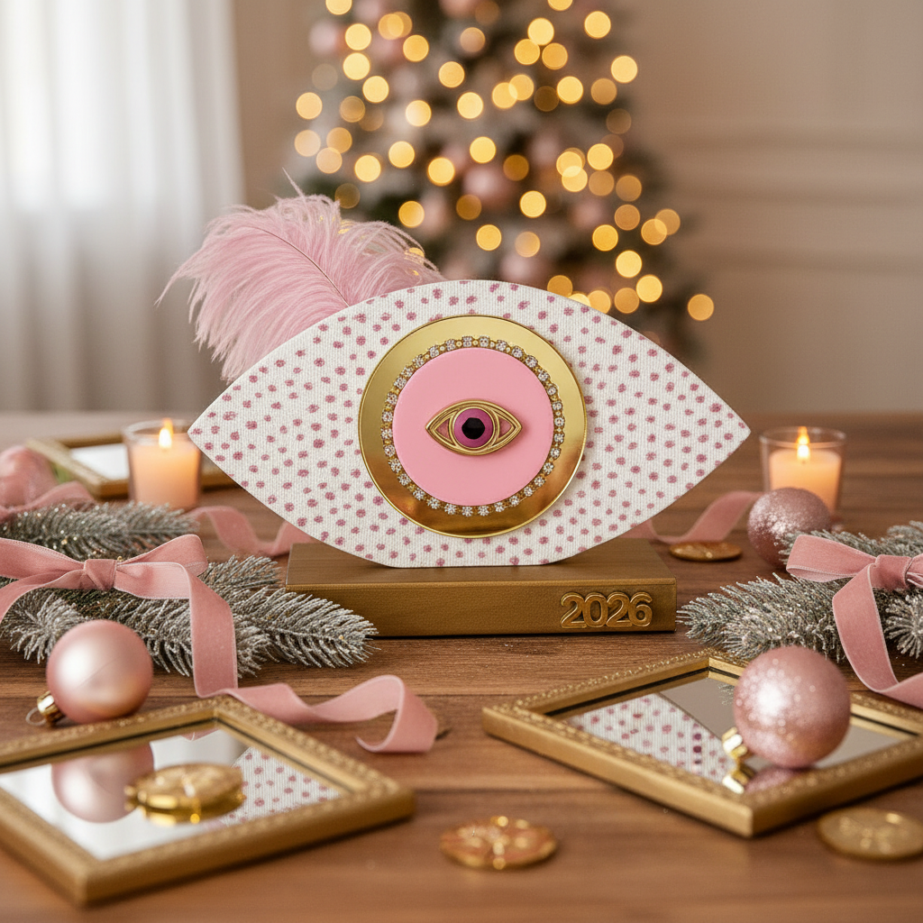 Handmade pink oval wooden gouri Merry & Pink with tulle, glitter dots, gold mirror 2026 motif and feather – So Cute by Dimi