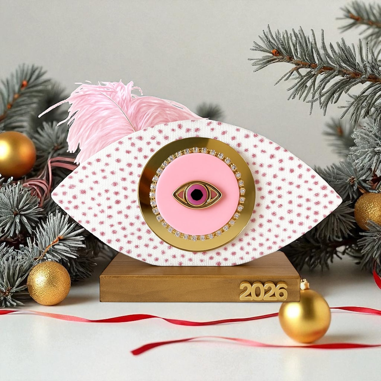 Handmade pink oval wooden gouri Merry & Pink with tulle, glitter dots, gold mirror 2026 motif and feather – So Cute by Dimi