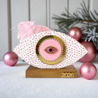 Handmade pink oval wooden gouri Merry & Pink with tulle, glitter dots, gold mirror 2026 motif and feather – So Cute by Dimi