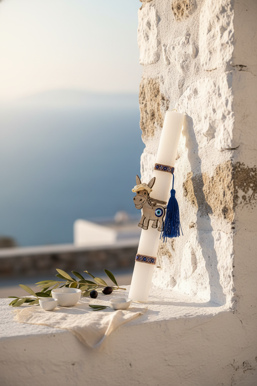 Χειροποίητη πασχαλινή λαμπάδα 30 εκ με ξύλινο γαϊδουράκι, έθνικ κορδέλα και φούντα – So Cute by Dimi