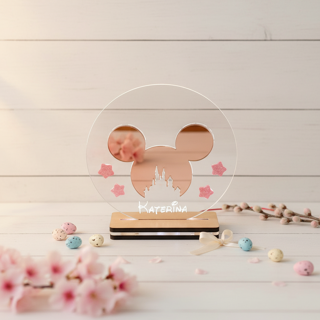 LED επιτραπέζιο φωτιστικό Minnie με rose gold καθρέφτη και προσωποποίηση – παιδικό νυχτερινό φωτιστικό.