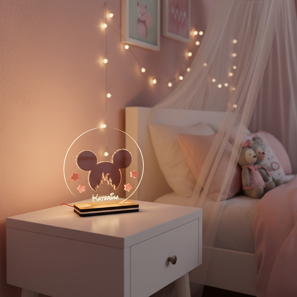 Φωτισμένο LED φωτιστικό Minnie rose gold σε παιδικό κομοδίνο με fairy lights – Instagram αισθητική.