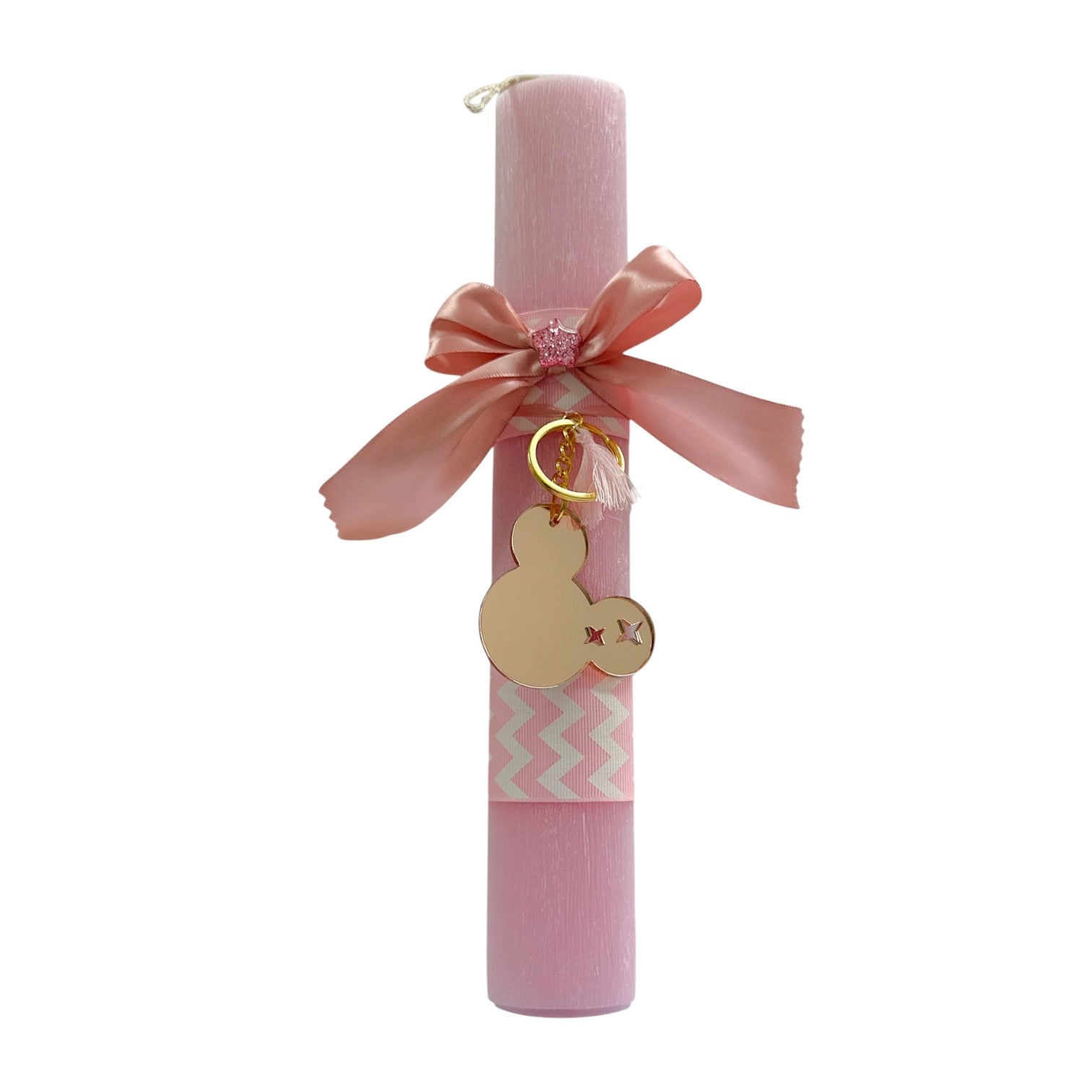 Ροζ πασχαλινή λαμπάδα Minnie με rose gold μπρελόκ και σατέν φιόγκο – χειροποίητη λαμπάδα So Cute by Dimi.