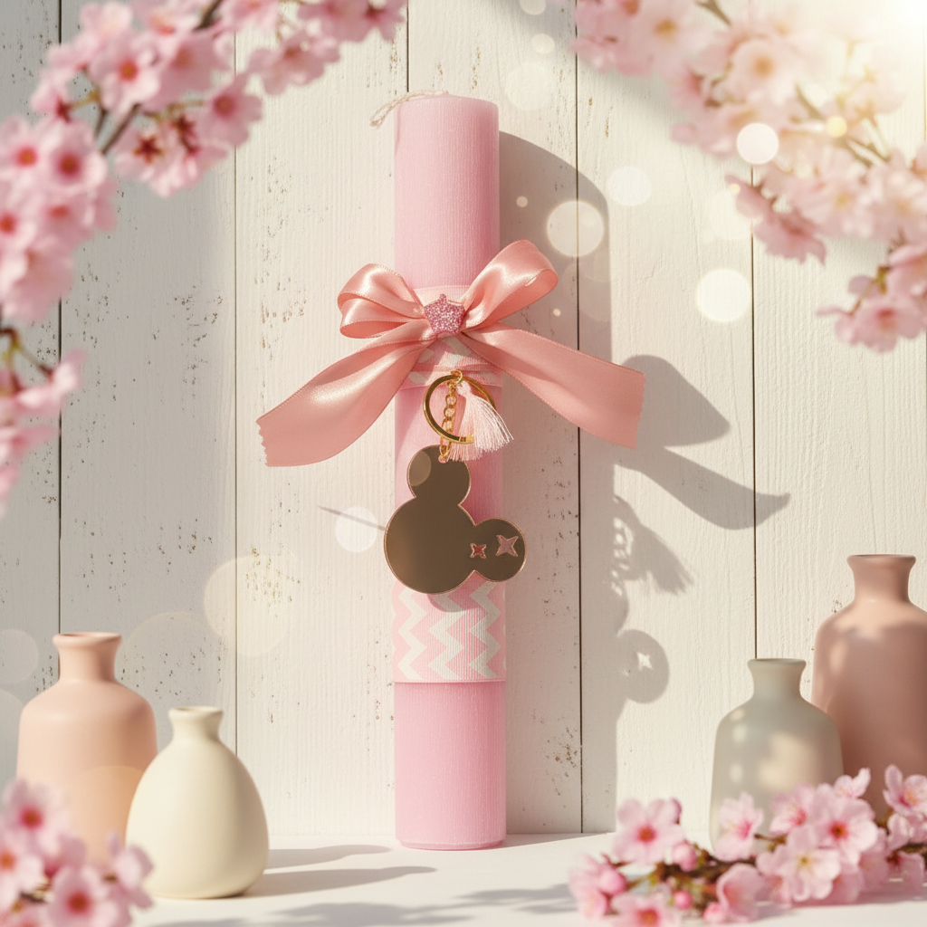Ροζ πασχαλινή λαμπάδα Minnie με καθρέφτη rose gold και διακόσμηση σε ανοιξιάτικο πασχαλινό σκηνικό.