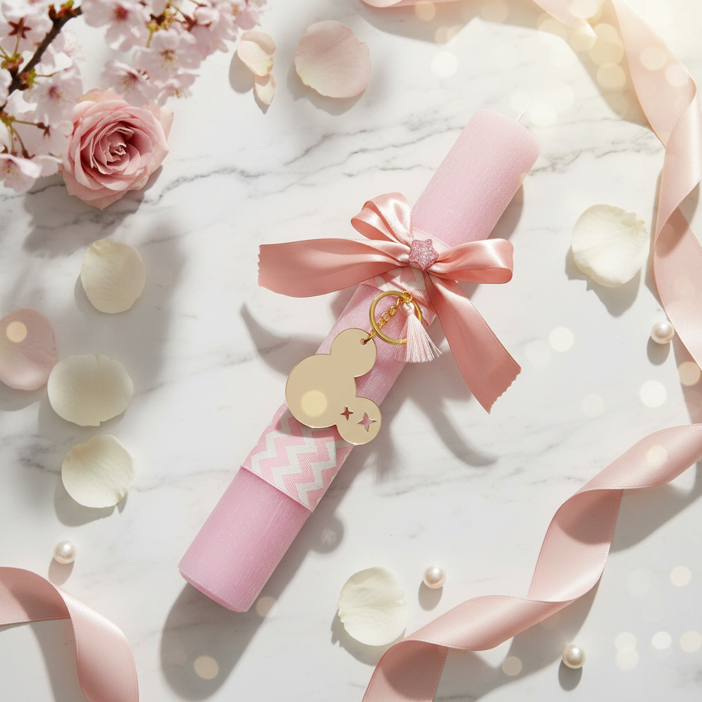 Flatlay πασχαλινής λαμπάδας Minnie με rose gold charm, ροζ κορδέλα και ανοιξιάτικη διακόσμηση.