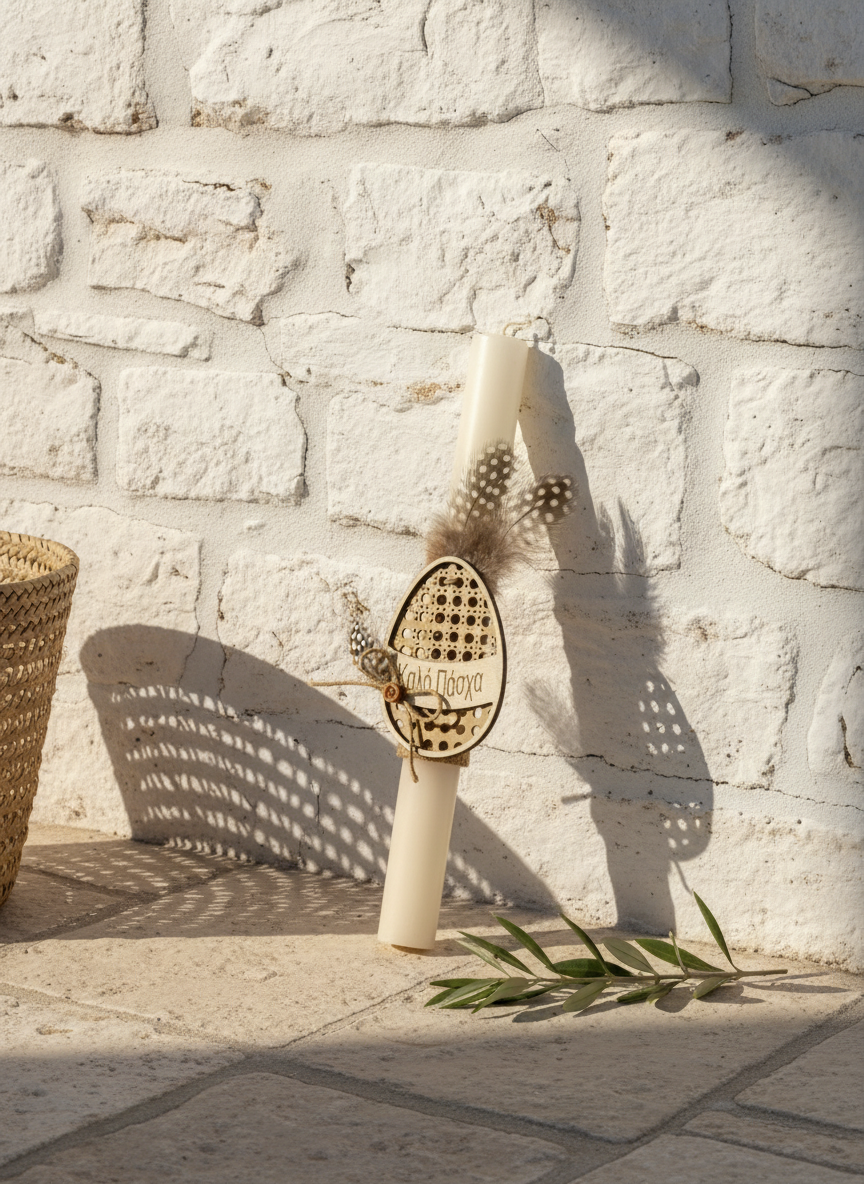 Handmade Easter candle with wooden egg engraving ‘Kalo Pascha’, natural feathers and square candle – country chic style.”