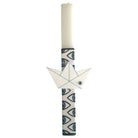 Handmade modern Easter candle with acrylic origami boat and eye-pattern ribbon – 30 cm.