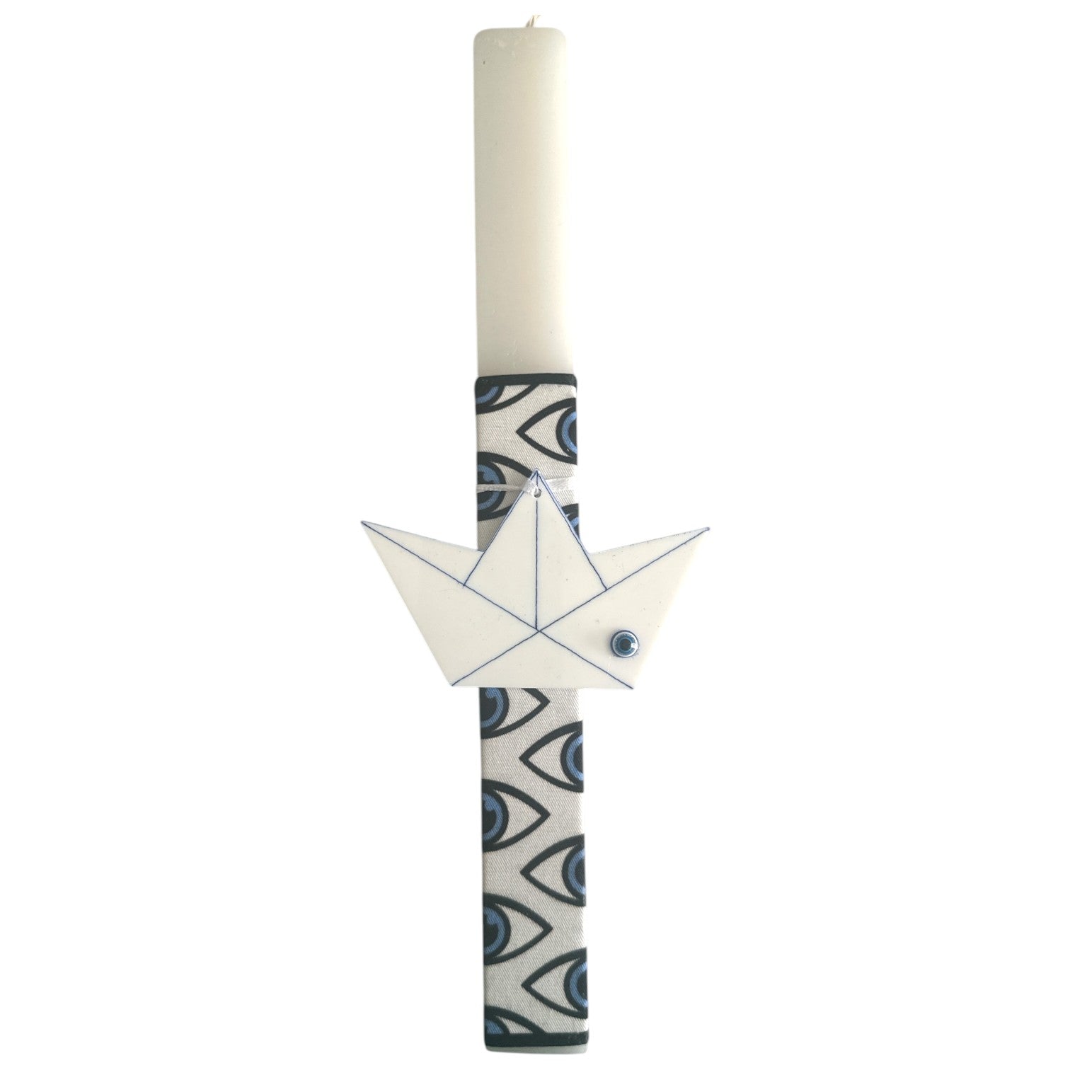 Handmade modern Easter candle with acrylic origami boat and eye-pattern ribbon – 30 cm.