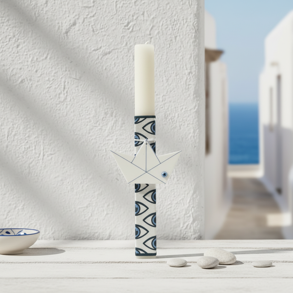Handmade modern Easter candle with acrylic origami boat and eye-pattern ribbon – 30 cm.