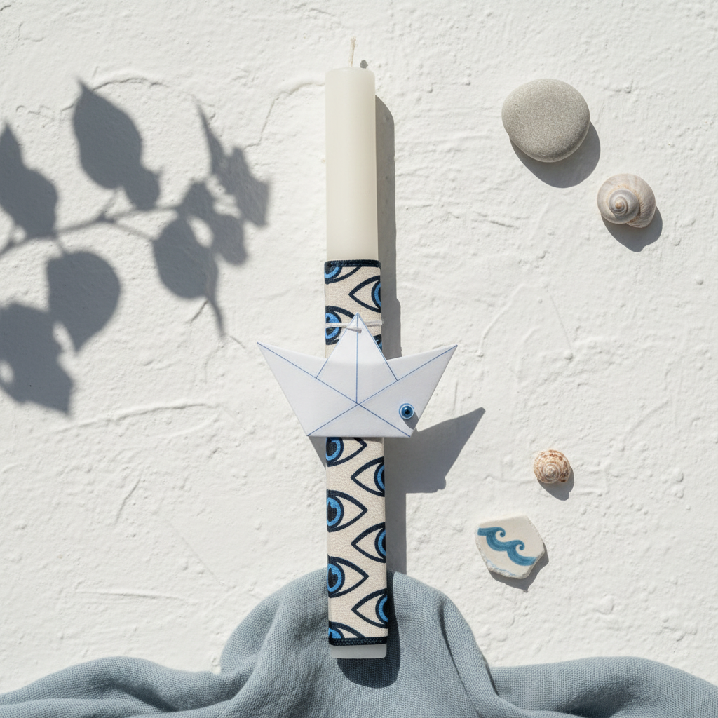 Handmade modern Easter candle with acrylic origami boat and eye-pattern ribbon – 30 cm.
