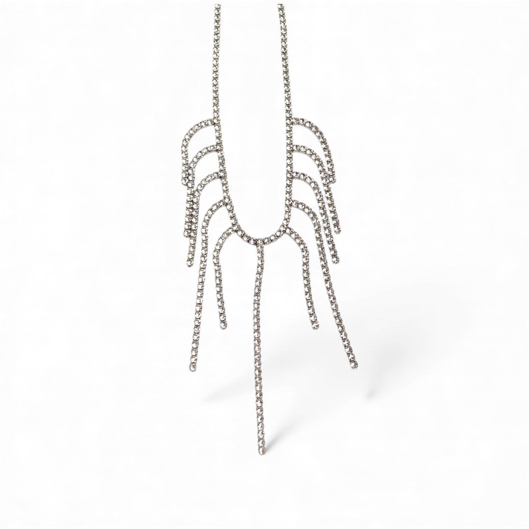 Stainless steel fringe necklace with rhinestones in  silver – fashion jewelry by So Cute by Dimi.