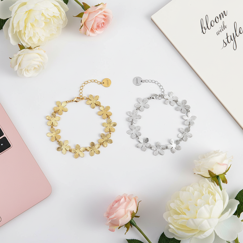 Floral chain bracelet από ανοξείδωτο ατσάλι με λουλούδια σε χρυσό και ασημί So Cute by Dimi