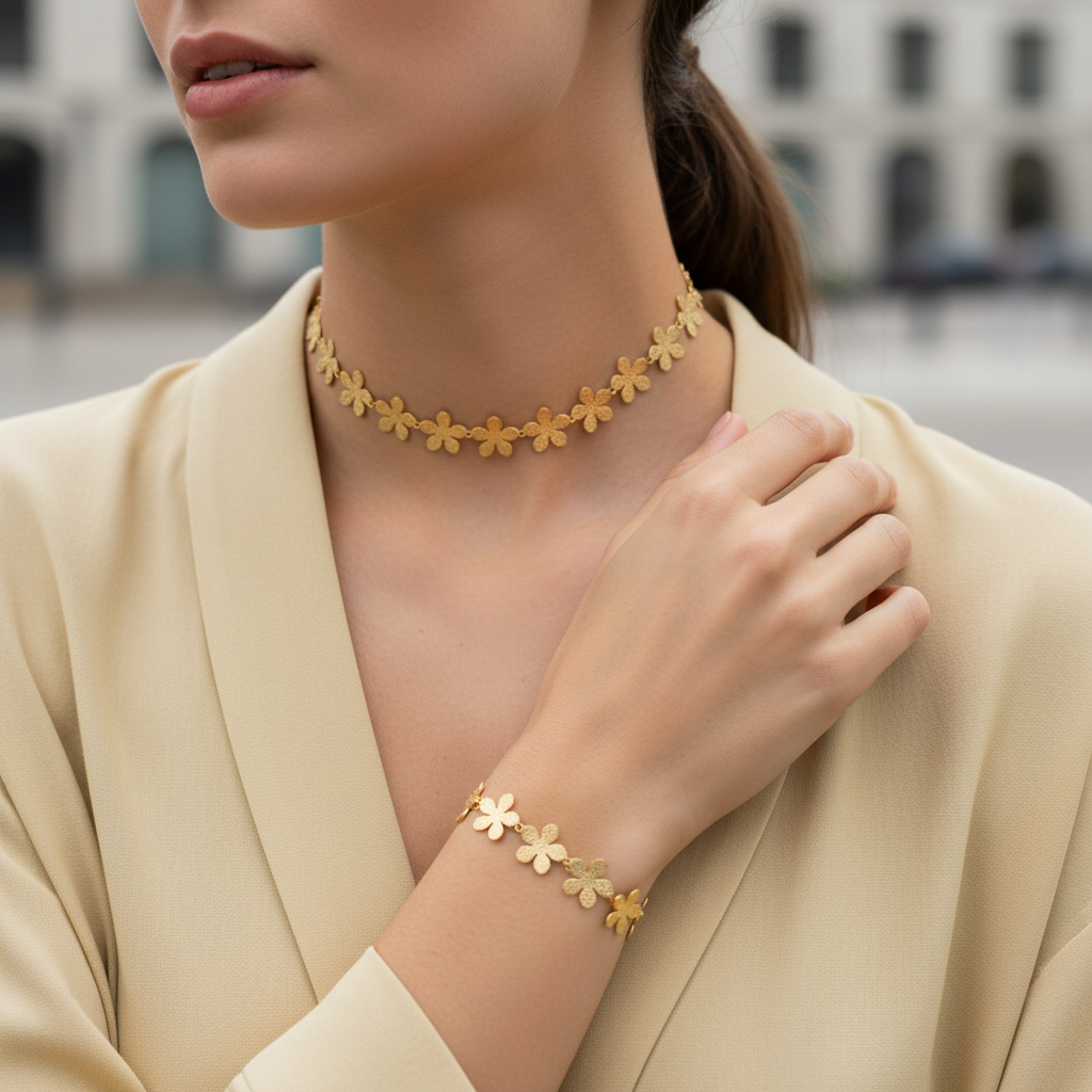 Floral chain τσοκερ και bracelet από ανοξείδωτο ατσάλι με λουλούδια σε χρυσό  So Cute by Dimi
