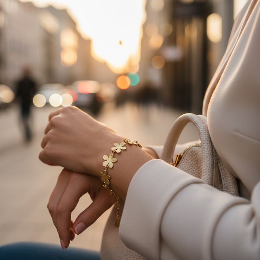 Floral chain bracelet από ανοξείδωτο ατσάλι με λουλούδια σε χρυσό So Cute by Dimi
