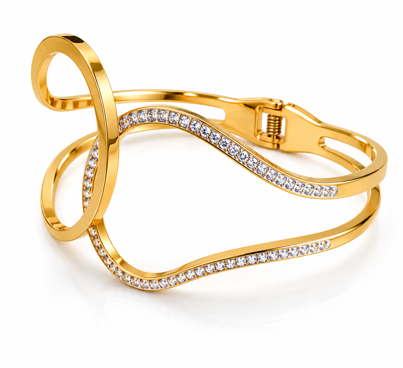Ατσάλινο cuff βραχιόλι Aetheria Wave Cuff με κυματιστό σχέδιο και ζιργκόν σε χρυσό χρώμα σε λευκό φόντο.