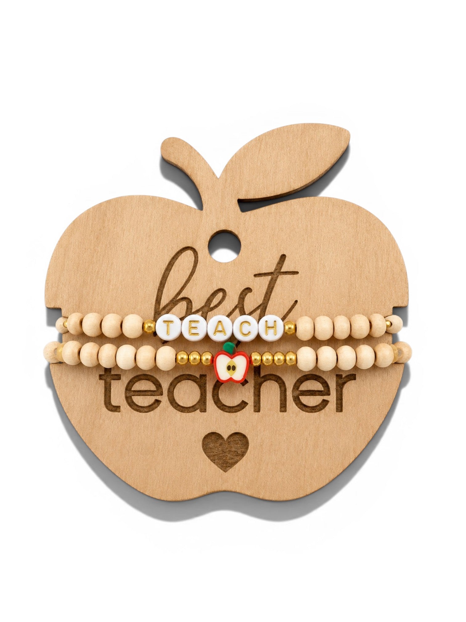 Apple Teacher Bracelets Set – σετ ελαστικά βραχιόλια για δασκάλα με ξύλινες χάντρες, στοιχείο μήλο, γράμματα TEACH και ξύλινο display μήλο που λειτουργεί ως μαγνητάκι, So Cute by Dimi