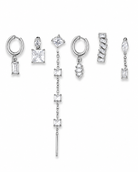 Set of silver earrings with various designs on a white background