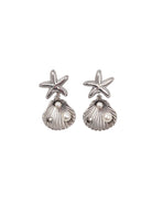 Silver stainless steel earrings with starfish and shell designs on a white background, So Cute by DImi