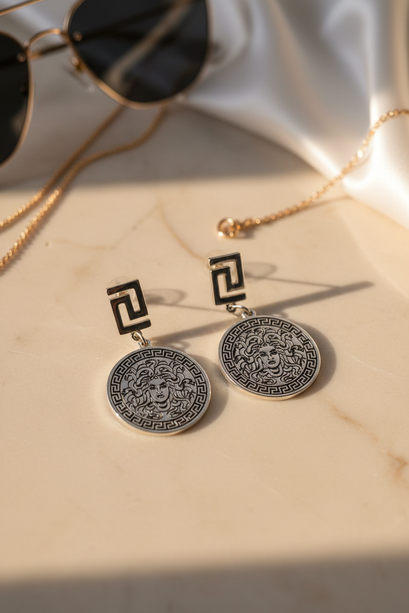 Σκουλαρίκια Thalira Medusa από ανοξείδωτο ατσάλι με medallion σε  ασημί από τη So Cute by Dimi