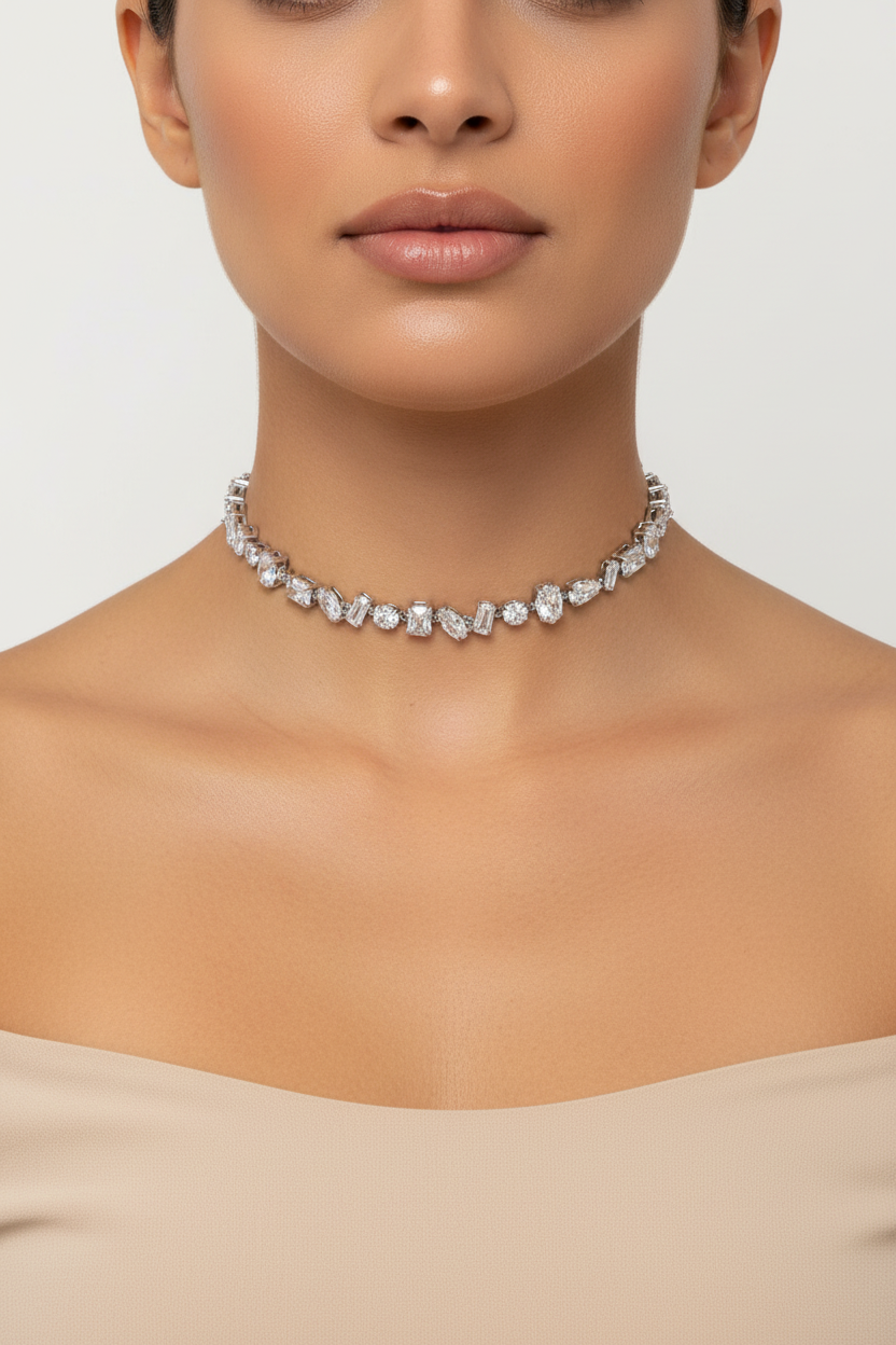 Ατσάλινο choker με κρύσταλλα velmira color choker statement necklace colorful φορεμένο σε μοντέλο, So Cute by DImi