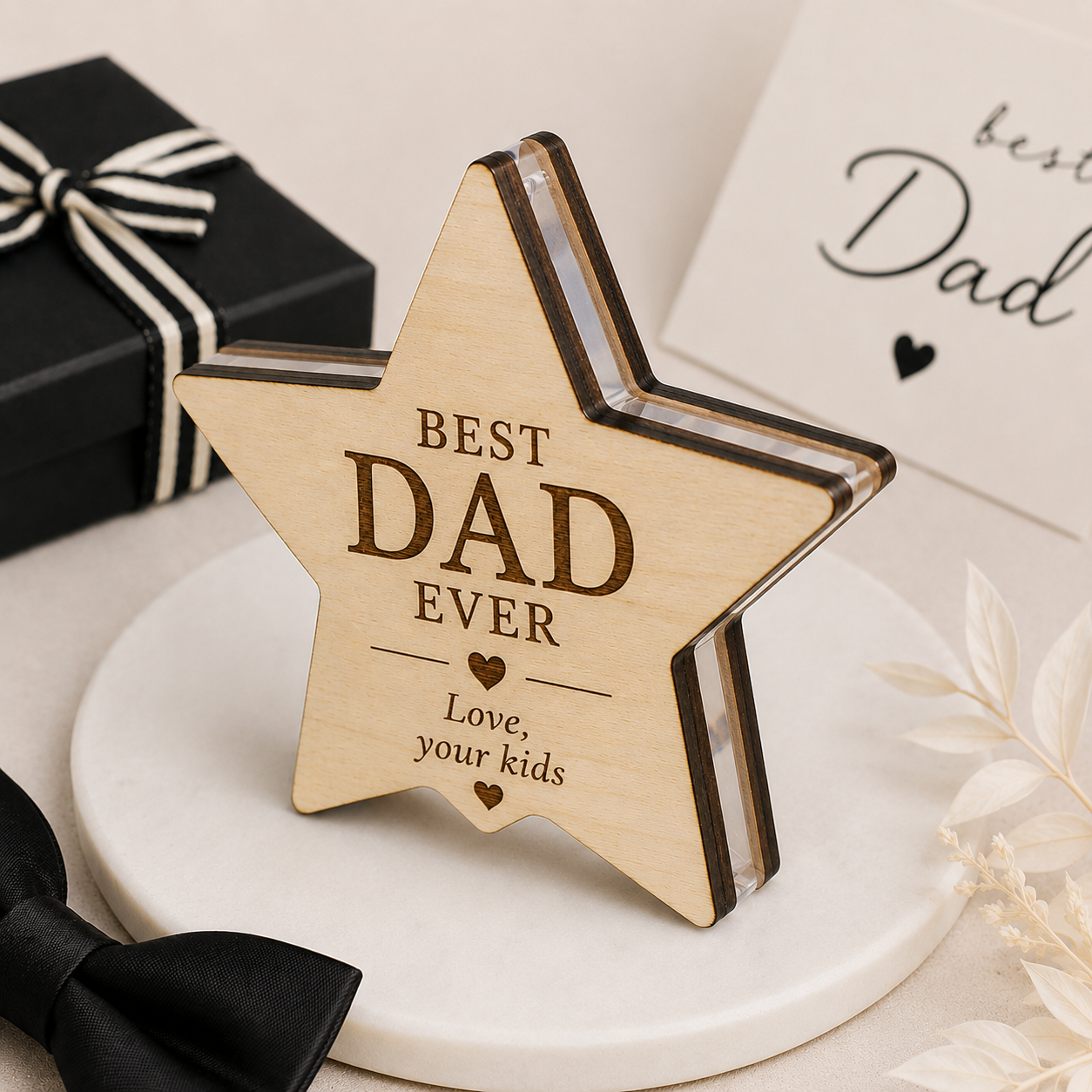 Επιτραπέζιο αστέρι Best Dad Ever από ξύλο σημύδας και διάφανο plexiglass, προσωποποιημένο δώρο για μπαμπά από τη So Cute By Dimi.