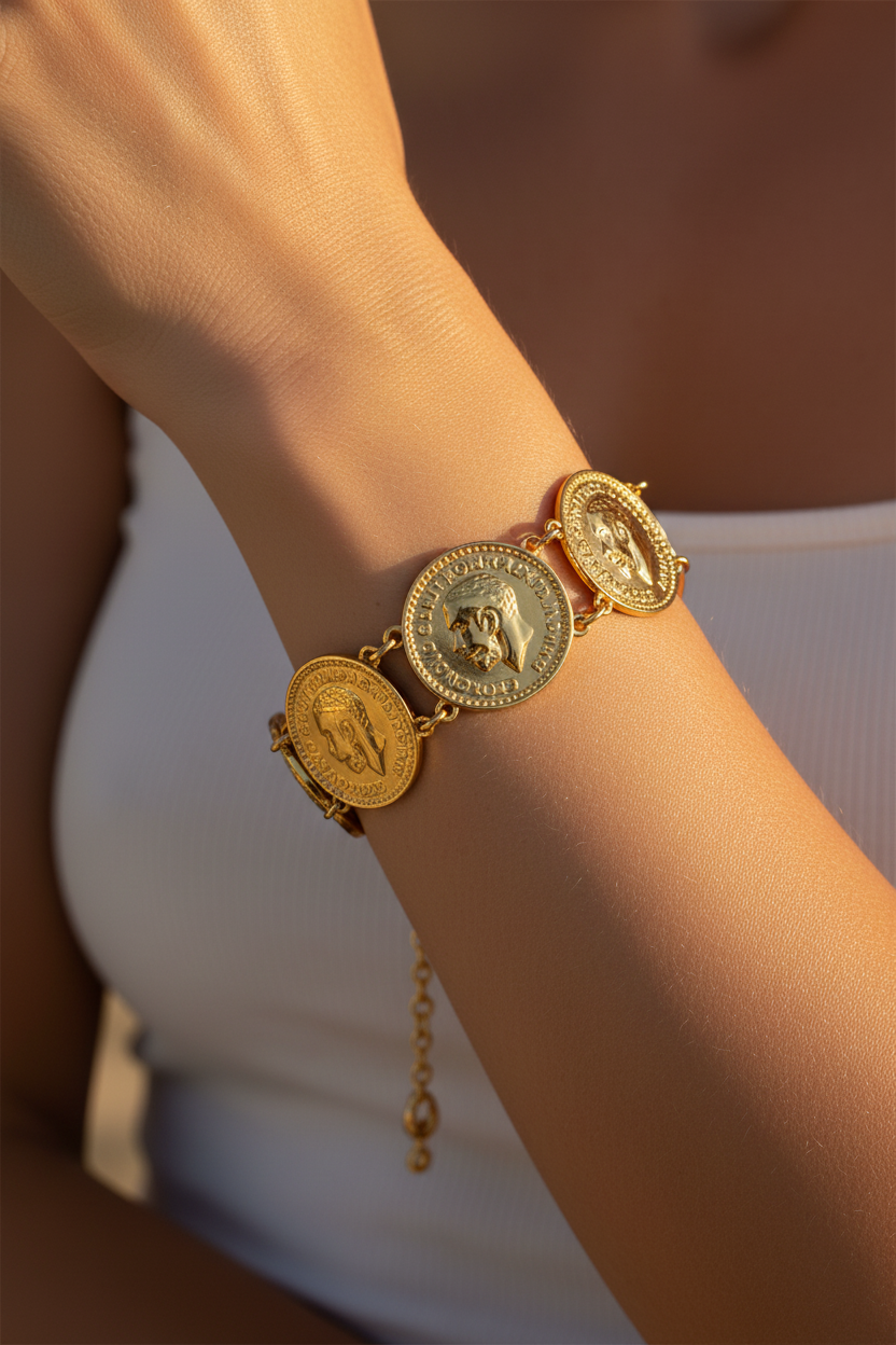 Gold bracelet with coin designs on a wrist against a blurred background