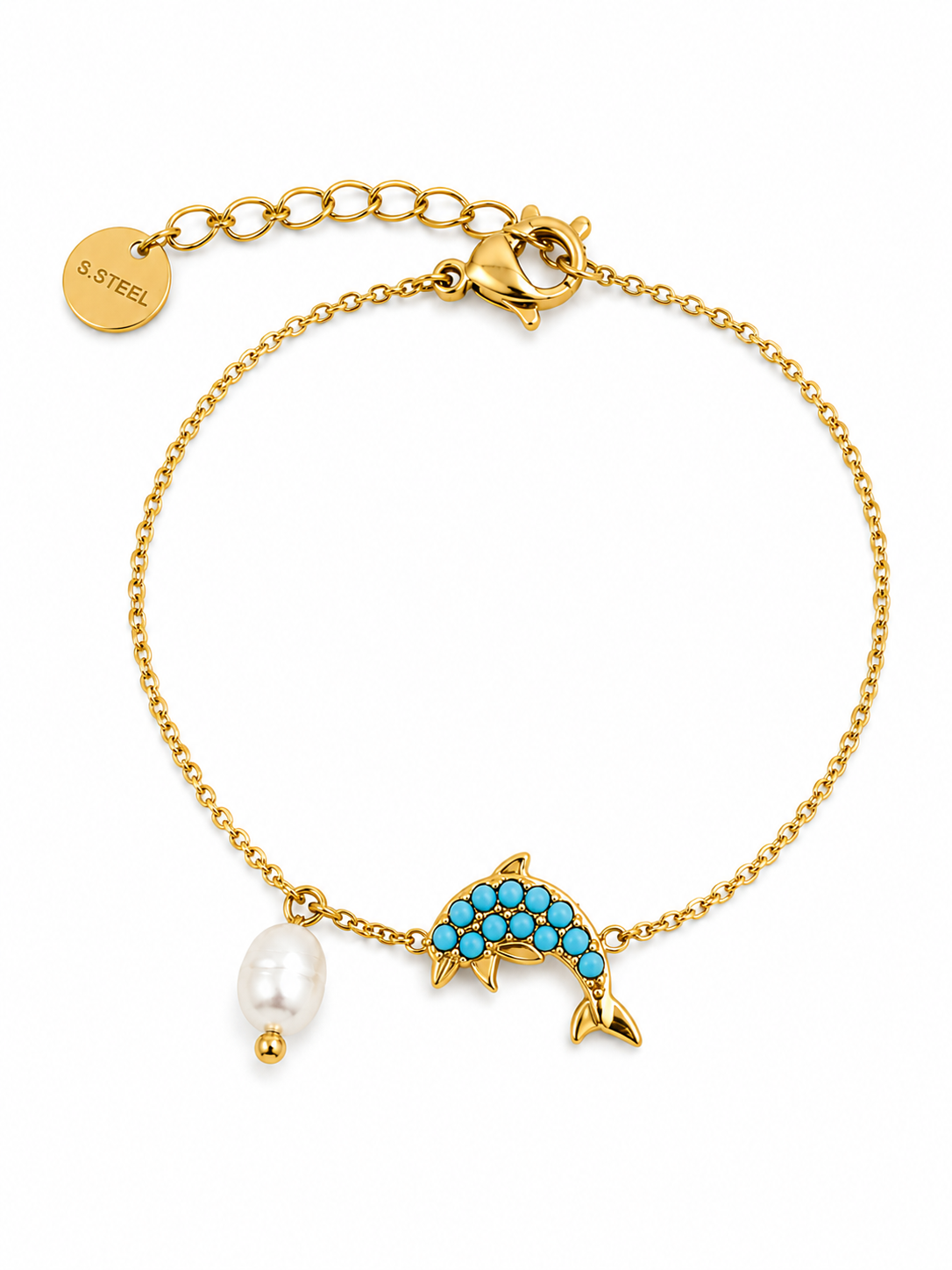 Azure Dolphin Bracelet ατσάλινο βραχιόλι σε χρυσό ή ασημί με δελφίνι από τιρκουάζ ζιργκόν και φυσική πέρλα – So Cute by Dimi