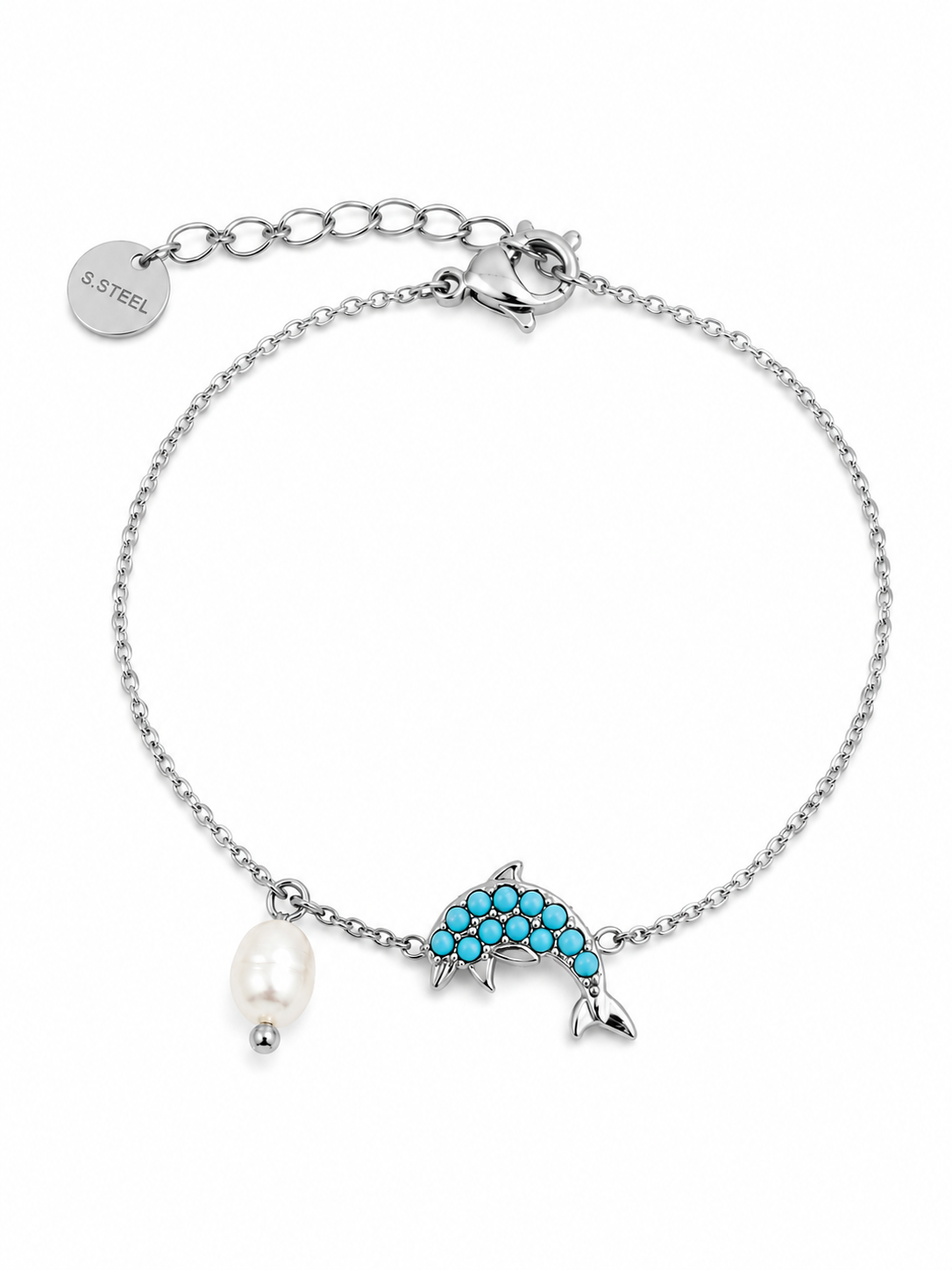 Azure Dolphin Bracelet ατσάλινο βραχιόλι σε χρυσό ή ασημί με δελφίνι από τιρκουάζ ζιργκόν και φυσική πέρλα – So Cute by Dimi