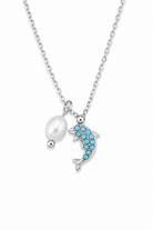 Azure Dolphin Necklace ατσάλινο κολιέ με δελφίνι από τιρκουάζ ζιργκόν και φυσική πέρλα σε χρυσό ή ασημί από τη So Cute by Dimi