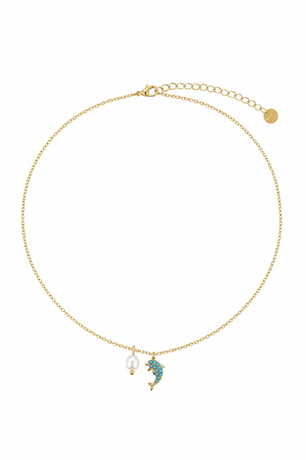 Azure Dolphin Necklace ατσάλινο κολιέ με δελφίνι από τιρκουάζ ζιργκόν και φυσική πέρλα σε χρυσό ή ασημί από τη So Cute by Dimi