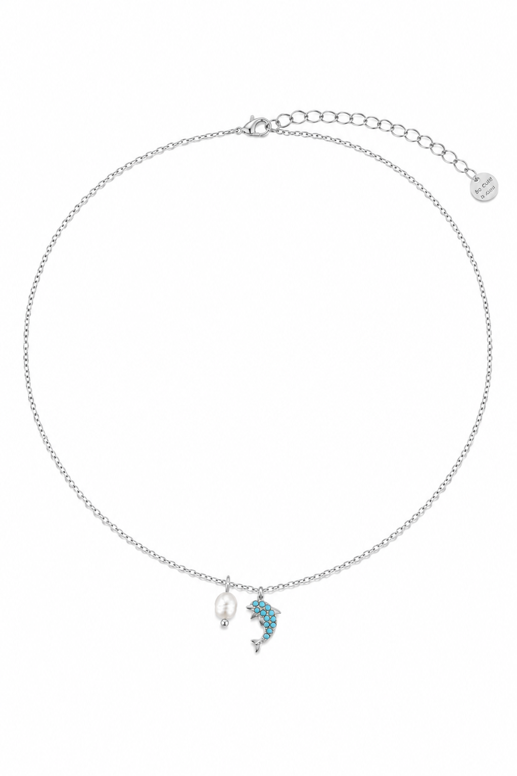 Azure Dolphin Necklace ατσάλινο κολιέ με δελφίνι από τιρκουάζ ζιργκόν και φυσική πέρλα σε χρυσό ή ασημί από τη So Cute by Dimi