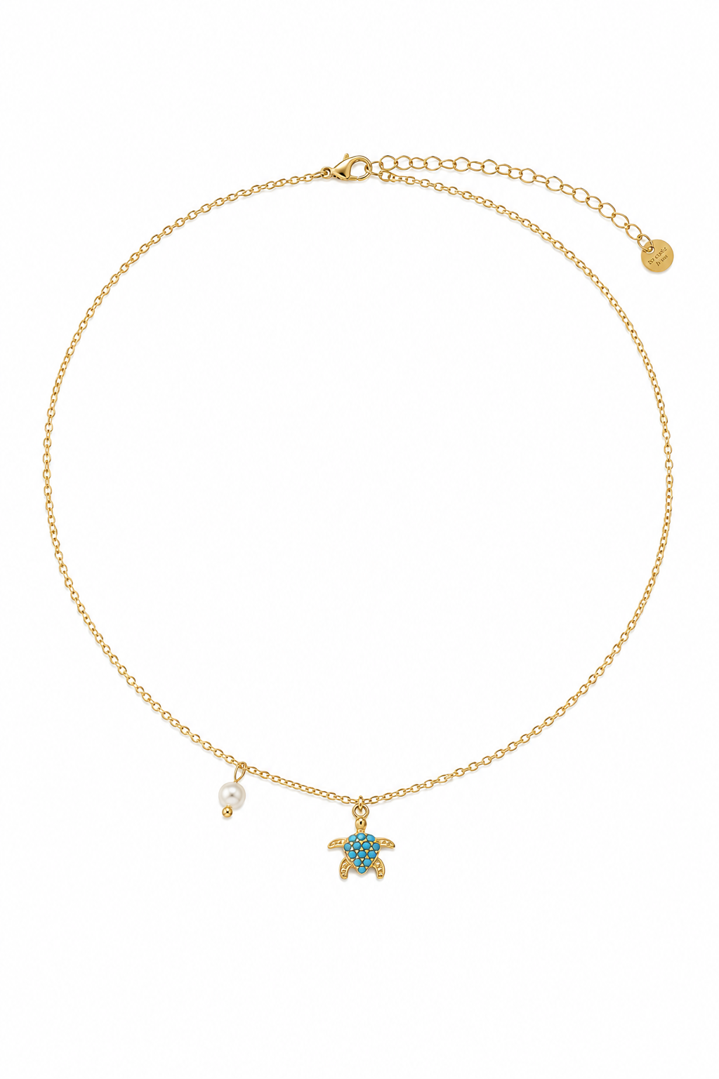 Azure Turtle Necklace της So Cute by Dimi, ατσάλινο χρυσό κολιέ με χελωνάκι, γαλάζια ζιργκόν και λευκή πέρλα.