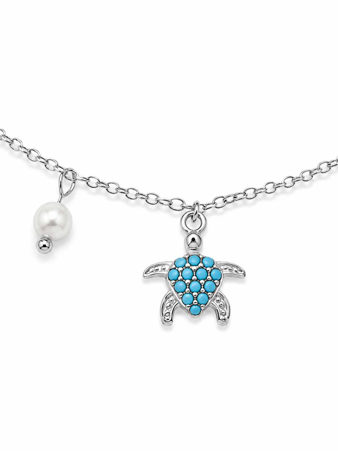 Azure Turtle Necklace της So Cute by Dimi, ατσάλινο χρυσό κολιέ με χελωνάκι, γαλάζια ζιργκόν και λευκή πέρλα.