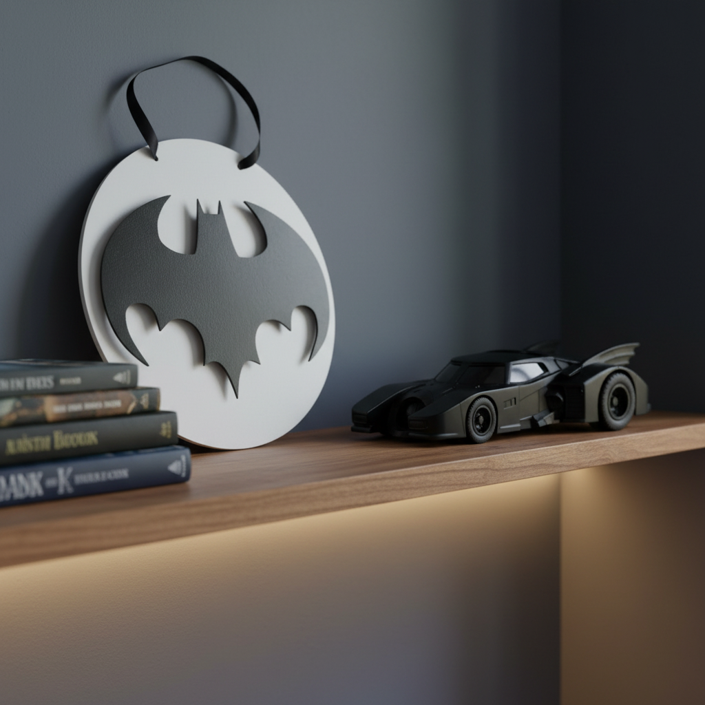 Bat-shaped ornament and toy car on a shelf against a dark wall