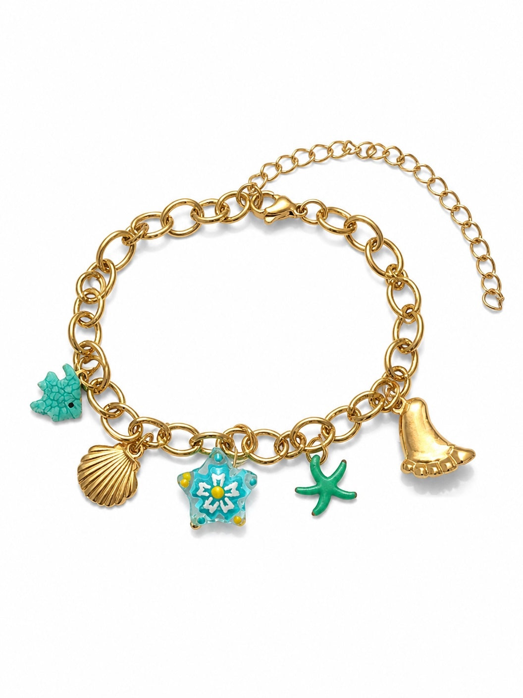 Ατσάλινο βραχιόλι Bellissima Charm της So Cute by Dimi με chunky αλυσίδα και καλοκαιρινά charms σε λευκό φόντο.