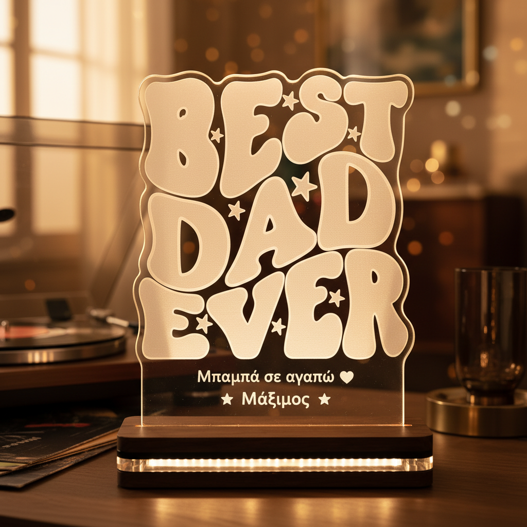 LED φωτιστικό Best Dad Ever από διάφανο plexiglass με χάραξη laser και δυνατότητα προσωποποίησης από τη So Cute By Dimi.