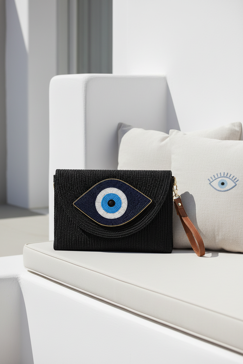 Καλοκαιρινά woven clutch bags με σχέδιο μάτι σε μαύρο χρώμα σε λευκό φόντο – So Cute by Dimi