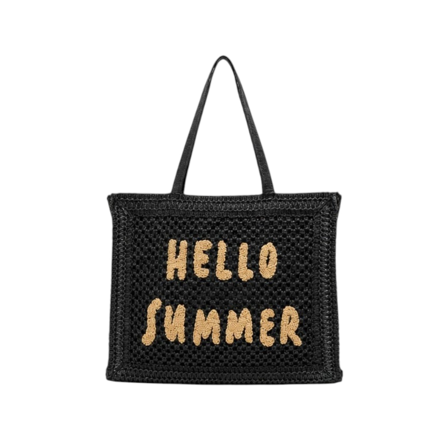 Hello Summer crochet ψάθινη tote bag σε μαύρο χρώμα σε λευκό φόντο – So Cute by Dimi