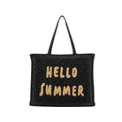 Hello Summer crochet ψάθινη tote bag σε μαύρο χρώμα σε λευκό φόντο – So Cute by Dimi