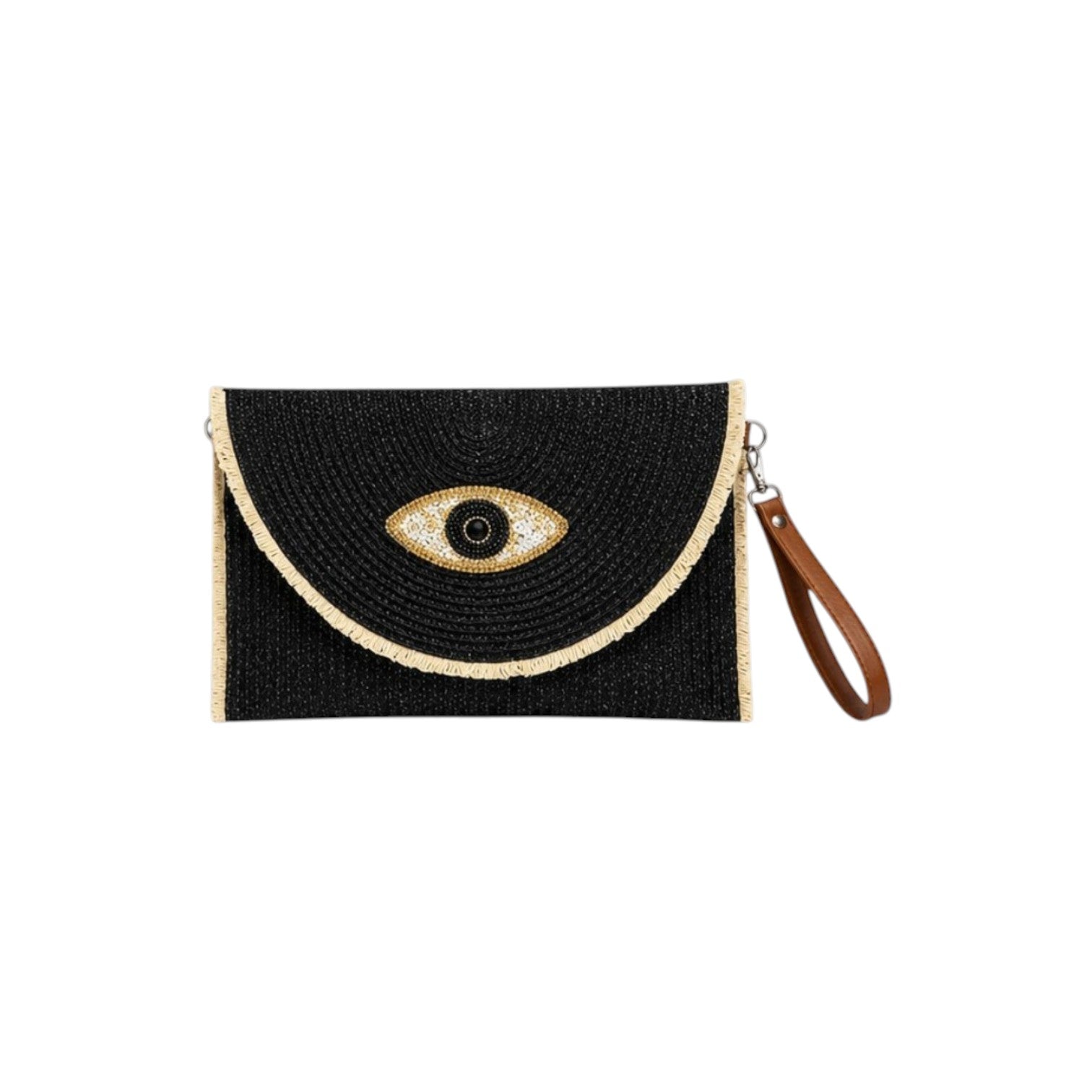 Ψάθινο clutch bags με evil eye σχέδιο σε  μαύρο χρώμα σε λευκό φόντο – So Cute by Dimi