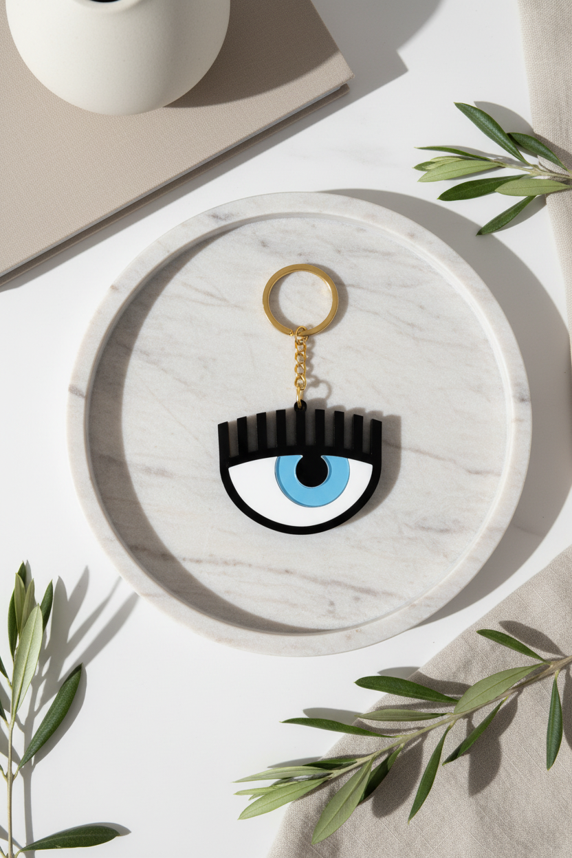 Keychain with eye design on a round marble coaster with leaves around
