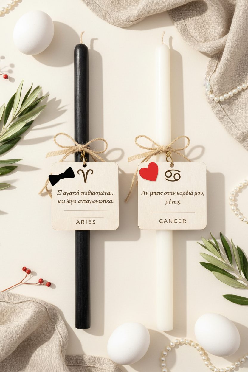 Σετ πασχαλινών λαμπάδων για ζευγάρια Zodiac Love με ξύλινα μαγνητάκια ζωδίων, μαύρη και λευκή λαμπάδα 30 εκ.