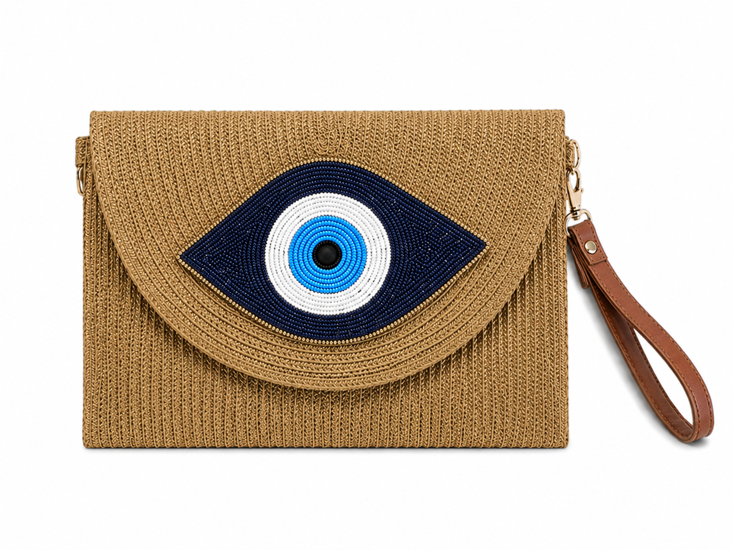 Καλοκαιρινά woven clutch bags με σχέδιο μάτι σε μπεζ χρώμα σε λευκό φόντο – So Cute by Dimi