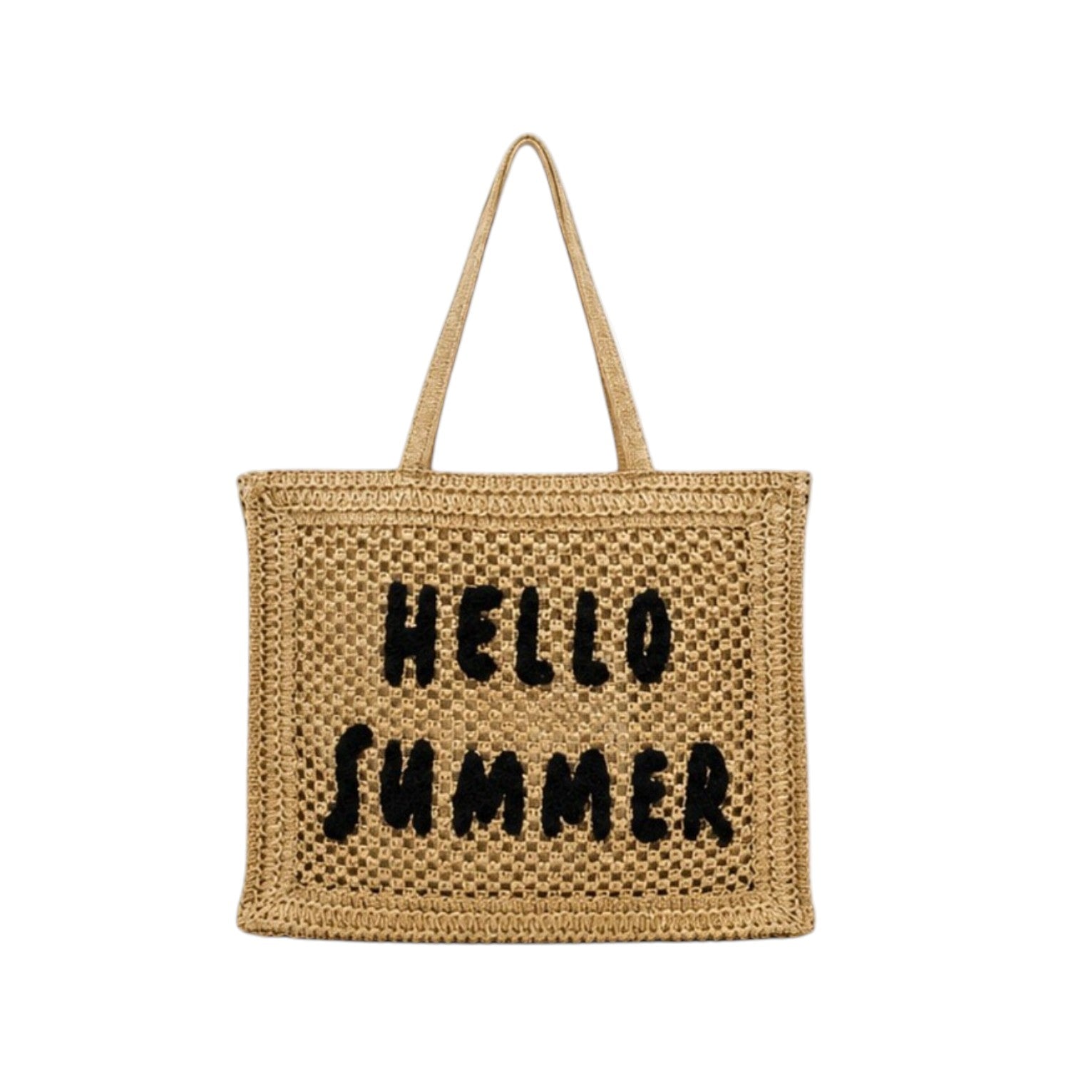 Hello Summer crochet ψάθινη tote bag σε camel  χρώμα σε λευκό φόντο – So Cute by Dimi