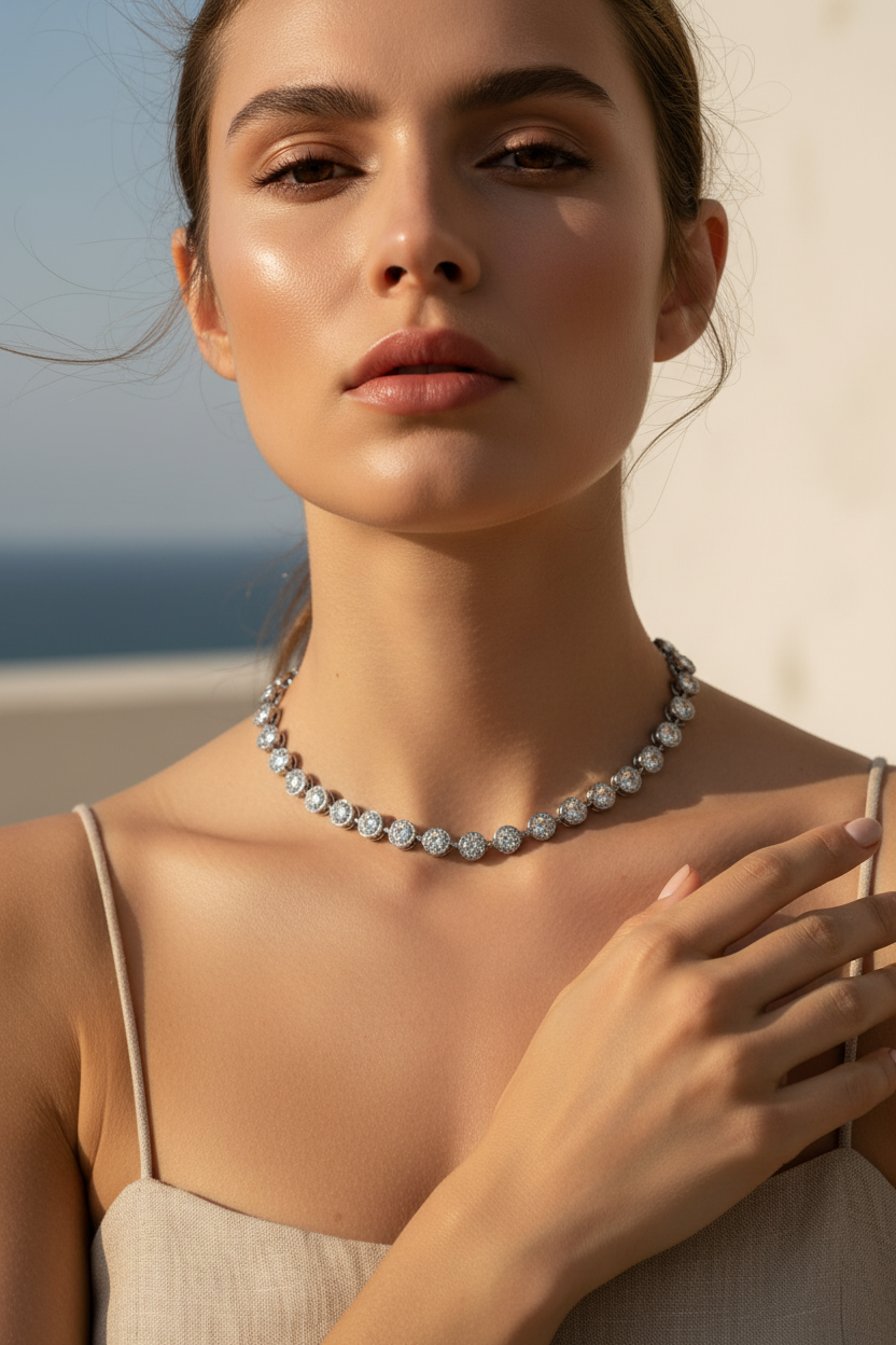 Celeste choker, ατσάλινο ασημί κολιε με ζιργκον, φορεμένο σε μοντέλο σε καλοκαιρινό σκηνικό, so cute by dimi