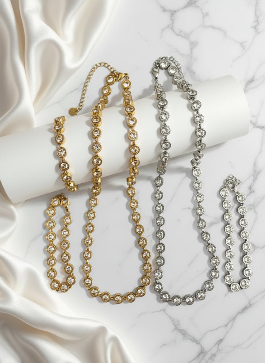 Celeste Choker – Gold and SIlver Riviera Stainless Steel Necklaces and Bracelets, white background.  So Cute by DImi