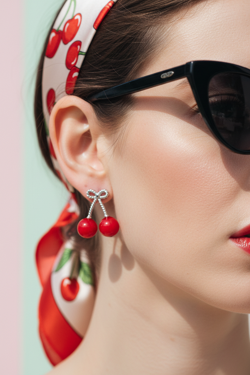σκουλαρίκια κεράσια με φιόγκο σε retro 50s styling με γυαλιά cat eye και μαντήλι κεράσια