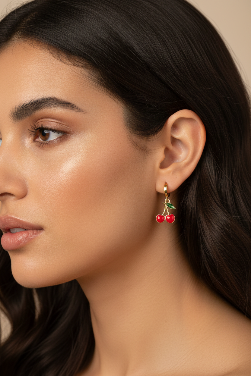 σκουλαρίκια Cherry Pop Hoops με κεράσια από ατσάλι χρυσό με κόκκινο σμάλτο So Cute by Dimi