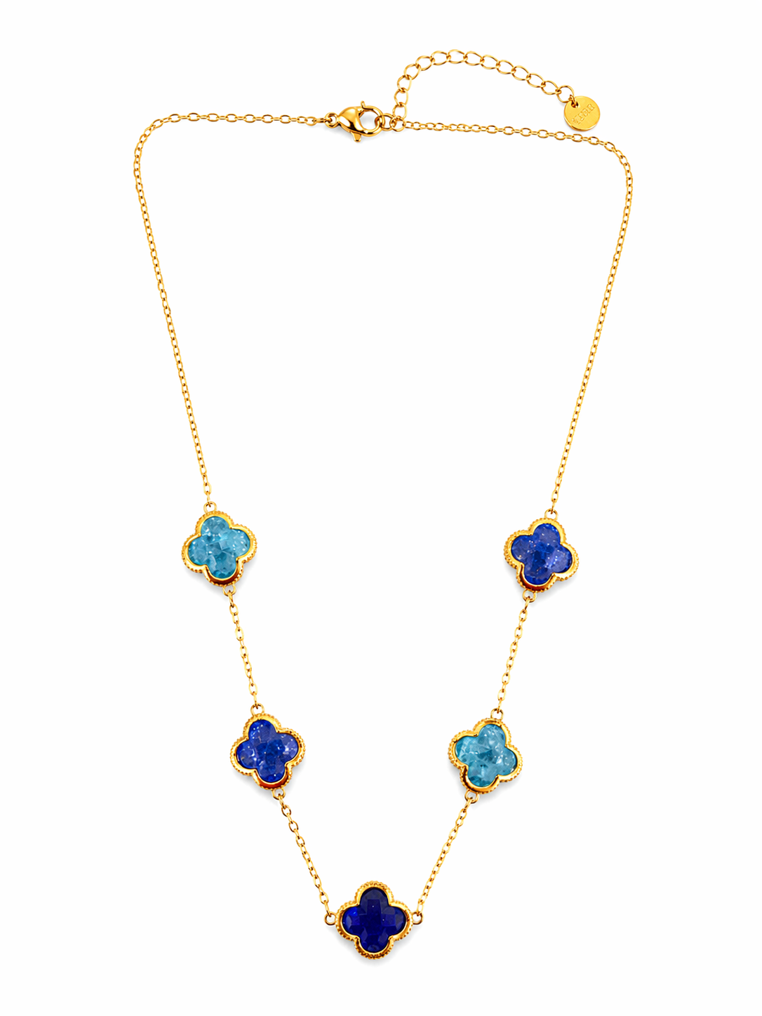 Gold necklace with blue flower-shaped pendants on a white background